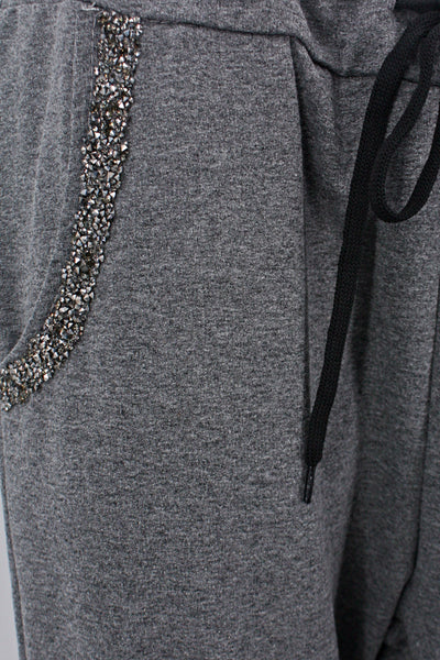 Schnürhose mit Glitzerapplikationen grau